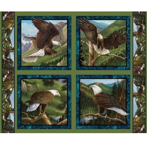 Flying High Eagle Cotton Fabric, Digital Print, Mountains, Trees, Pillow Panel