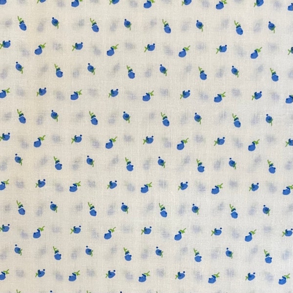 Blue Rosebud on White Cotton Fabric, Floral