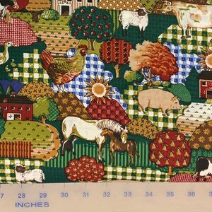 May include: A colorful fabric with a farm theme. The fabric features a variety of animals, including cows, sheep, pigs, horses, and chickens. There are also trees, houses, and other farm-related imagery. The fabric is green, red, brown, and white.