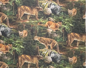 Mountain Lion Wildlife Cotton Fabric, Cougar, Digital Print, Woodland