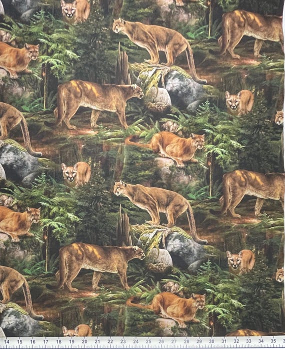 Mountain Lion Wildlife Cotton Fabric, Cougar, Digital Print, Woodland