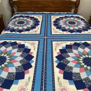 Pink and Blue Cheater Quilt Top with Hand Embroidery, Calico Cheater Cloth, Springs Industries