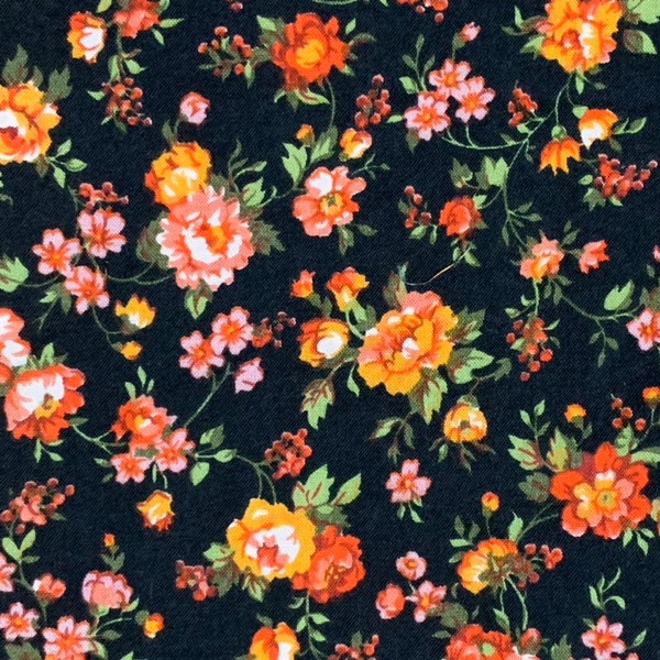 100% Cotton Black And Orange Cotton Fabric, County Floral, Black and Pink Calico, Quilting