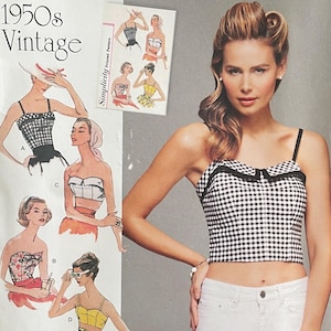 May include: Simplicity 8130 vintage sewing pattern featuring 1950s styles. The pattern includes illustrations of various tops and a woman wearing a black and white gingham top. Size U.S. 4,6,8,10,12.