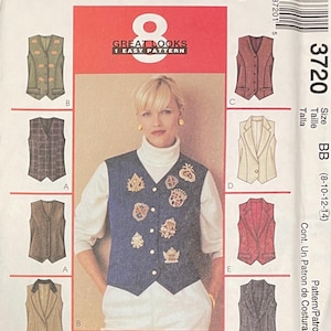 May include: McCall's sewing pattern featuring eight vest designs. The pattern includes vests with various styles, including a plaid vest, a vest with a collar, and a red vest. The pattern size is BB (8-10-12-14).