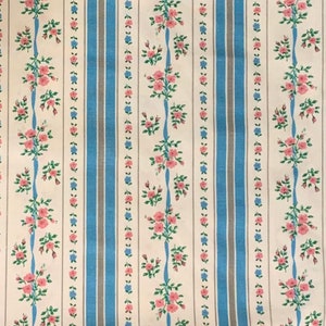 Blue and Pink Floral Cotton Ticking Design Fabric