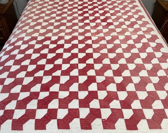 Antique Handmade Red and White Bow Tie Quilt For Display