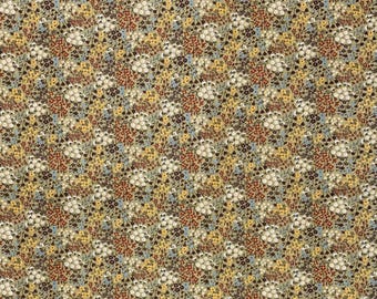 May include: A fabric with a dense floral pattern. The design features small clusters of white, yellow, red, and blue flowers on a tan background. The overall effect is a vintage, cottagecore aesthetic.