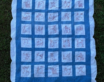 Handmade Blue and White With Red Colonial Quilt For Sale, Hand Embroidered, Hand Quilted, American History