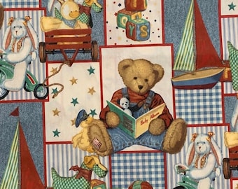 Cotton Teddy Bear Fabric, Nursery, Blue Jean Teddy Bears All Over
