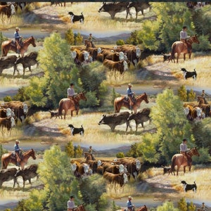 Working Ranch Cotton Fabric, Cowboy, Cow, Horse