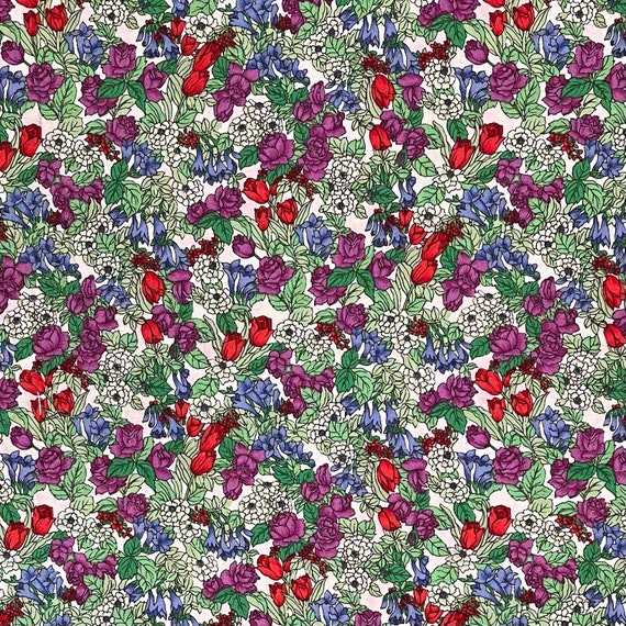 Vintage Green Red and Purple Floral Cotton Fabric | Etsy