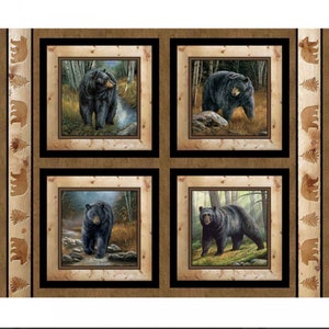 100% Cotton Fall Wildlife Cotton Fabric, Digital Print, Bear, Mountains, Trees, Pillow Panel