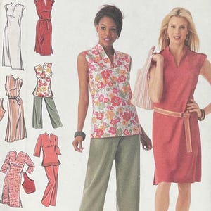 May include: Simplicity pattern 4190, size BB 20W-28W, features sewing instructions for a sleeveless top with a mandarin collar, a knee-length dress with a belt, and wide-leg pants. The cover displays illustrations and photos of these garments.