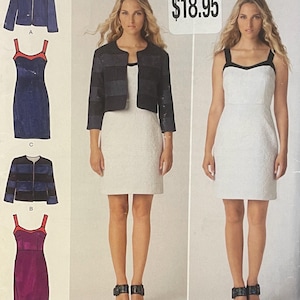 May include: A woman wearing a white dress with black trim and a black jacket. The image also shows a blue dress with red trim and a purple dress with red trim. The dresses are sleeveless and have a fitted silhouette.