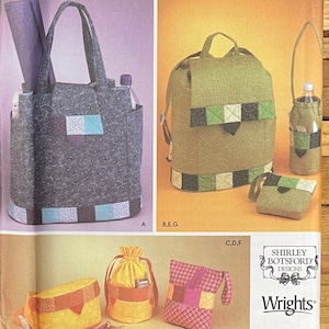 May include: A sewing pattern for making various bags, including a tote bag, a backpack, a drawstring bag, and a small pouch. The pattern is from Shirley Botsford Designs and is sold by Wrights.