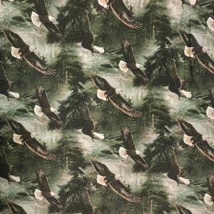100% Cotton Eagle Wildlife Panel Fabric, Digital Print, Mountains, Trees