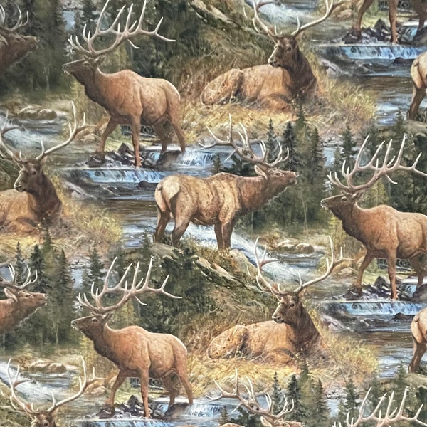 100% Cotton Elk Wildlife Cotton Fabric, Digital Print, Woodland, Mountains, Trees,