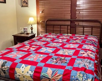Vintage Red and Blue Handmade Star Quilt Top