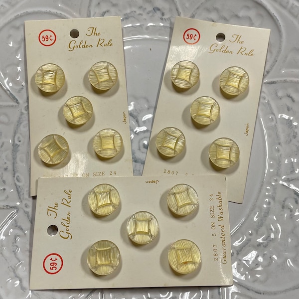 Vintage Pale Yellow Buttons on Original Card, National Button Company, The Golden Rule, Japan