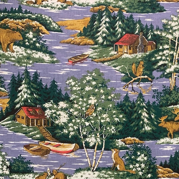 Cabin with Stream and Woodland Animals Cotton Fabric, Mountain Lodge Scenic, Fishing, Lake