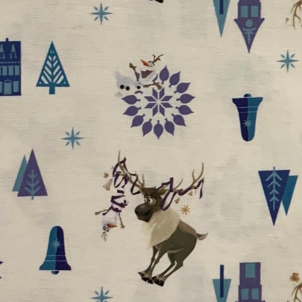 100% Cotton Disney Movie Frozen Fabric, Olaf And Sven, Camelot, Winter, Snowflakes
