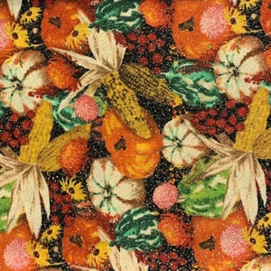 Fall Cotton Vegetable Fabric, Farmers Market, Produce, Kitchen, Kitschy, Glitter
