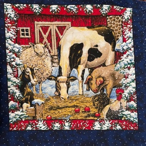 Winter Farmhouse Cotton Fabric, Snow, Christmas Trees, Cow, Pig, Rooster, Lamb, Goat, Pillow Panel