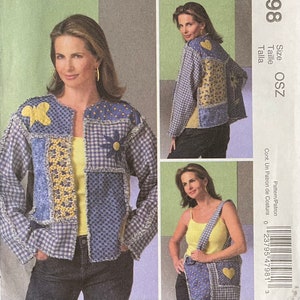 May include: A woman models a patchwork jacket with a blue and white gingham pattern, floral and butterfly accents, and frayed edges. The jacket is paired with a matching tote bag. The image is a pattern for sewing.