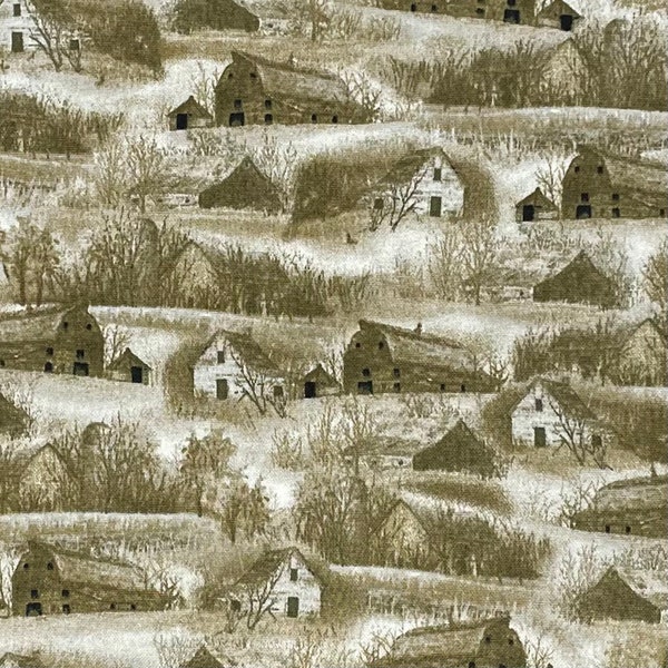Barns and Houses Cotton Fabric, Country Scenic, Farmhouse