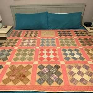 Antique Handmade Quilt, Blue, White and Pink, Hand Pieced, Hand Quilted