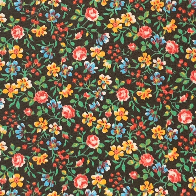 100 Percent Cotton Black Calico Fabric By The Yard Pink Rose Etsy