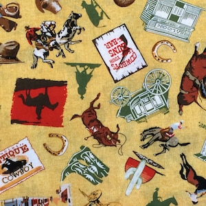 Yellow Cowboy Print Cotton Fabric, Rodeo, Ranch, Western