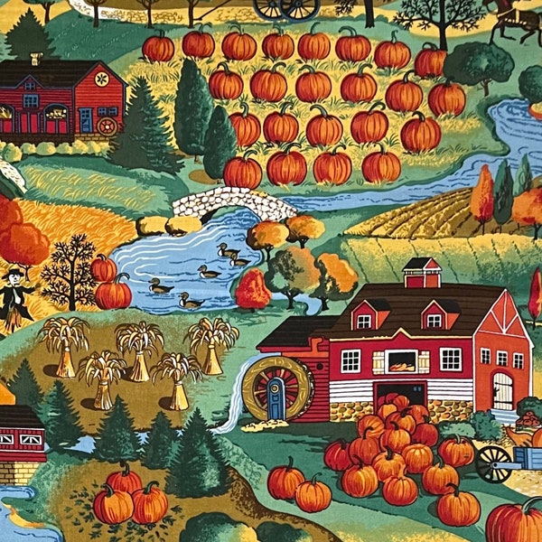 100% Cotton American Harvest Fabric, Thanksgiving, Country Farm, Homestead, Farmhouse, Fall Foliage, Autumn, Kitschy