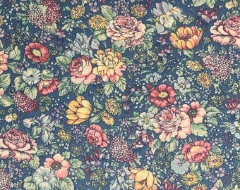 100% Cotton Blue Calico Fabric By The Yard, Country Floral, Blue and Pink Rose, Wildflower, Flower Garden, Country Floral