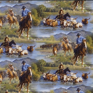 Working Ranch Cotton Fabric, Cowboy, Cow, Horse