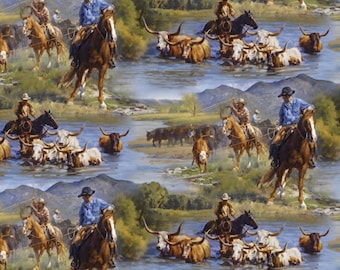 Working Ranch Cotton Fabric, Cowboy, Cow, Horse