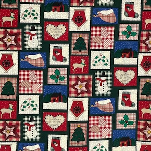 May include: A green fabric with a repeating pattern of red, white, and blue squares. Each square contains a different Christmas-themed image, such as a snowman, a reindeer, a stocking, a star, a heart, a tree, and a house. The text "Christmas is in the heart" appears in several of the squares.