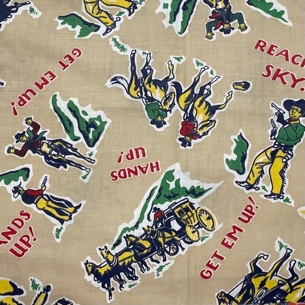 Western Cowboy Cotton Fabric Remnant, Horse, Ranch, Wagon Train