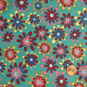 100% Cotton Teal Green Floral Cotton Fabric, Calico, Flower Power, Quilting