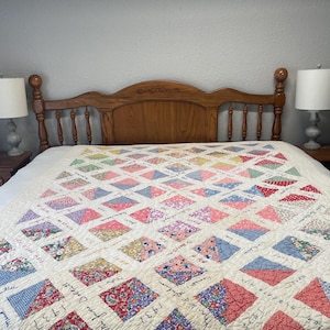 Antique Handmade Friendship Full Size Quilt, Feed Sack