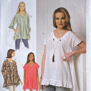 May include: Four different sewing patterns for tops with a variety of necklines and sleeve lengths. The patterns are labelled A, B, C, and D. The tops are shown on models wearing different colours and patterns.