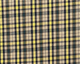 Blue, Yellow And Taupe Plaid Cotton Fabric, Woven. Autumn, Fall