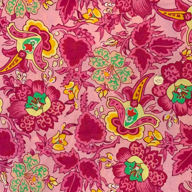 Pink And Green Floral Cotton Fabric Tropical Wildflower Etsy