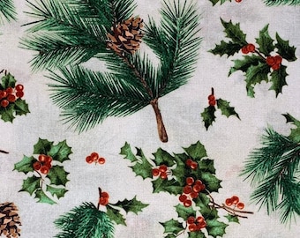 Holly Berries Christmas Print Vintage 36" Wide Cotton Fabric BTY 