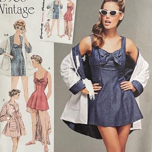 May include: A vintage Simplicity Printed Pattern from the 1950s, showing a woman in a blue polka dot dress with a bow and a white jacket. Other dress designs are also shown. The text "1950s Vintage" is at the top.