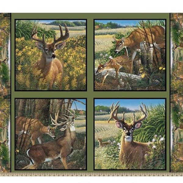 100% Cotton Summer Wildlife Cotton Fabric, Digital Print, Deer, Trees, Pillow Panel