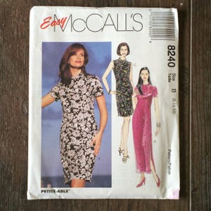 May include: A sewing pattern for a dress with a mandarin collar and short sleeves. The pattern is for sizes 8, 10, and 12. The pattern is called "Easy McCall's" and the pattern number is 8240.