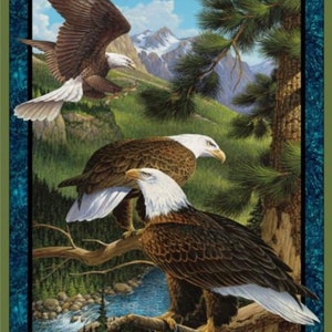 Flying High Eagle Cotton Fabric Panel, Digital Print, Mountains, Trees