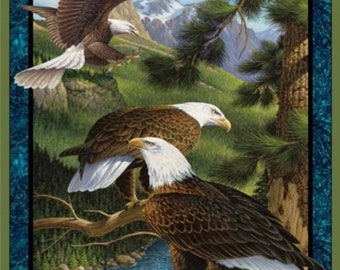 Flying High Eagle Cotton Fabric Panel, Digital Print, Mountains, Trees